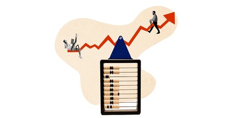 Contemporary art collage. Creative design. Man and woman, office accountants making counting analytics, graph of profit