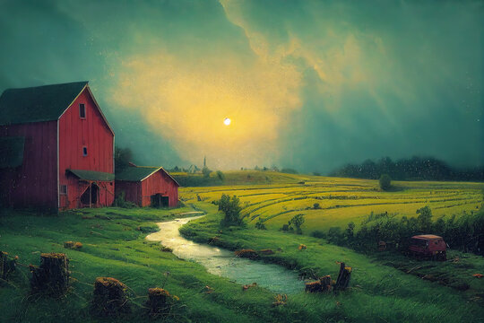 Concept art illustration of a rural countryside landscape with a red, rundown barn next to a stream of water. Fields of wheat and rolling hills in an American style pasture digital painting.