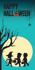 Happy Halloween poster or party invitation background with spider web pumpkin. Full moon trees boys and girls walking in the cemetery with a lantern in blue green sky. Place for text vector silhouette