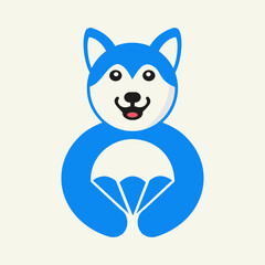 Husky Parachute Logo Negative Space Concept Vector Template. Husky Holding Parachute Symbol
