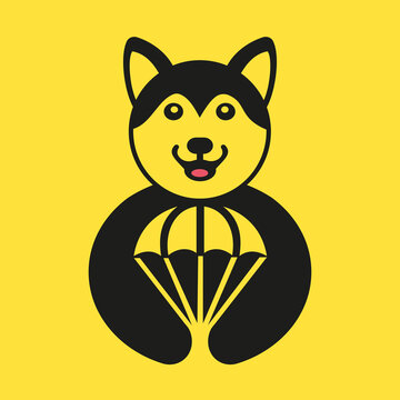 Husky Parachute Logo Negative Space Concept Vector Template. Husky Holding Parachute Symbol