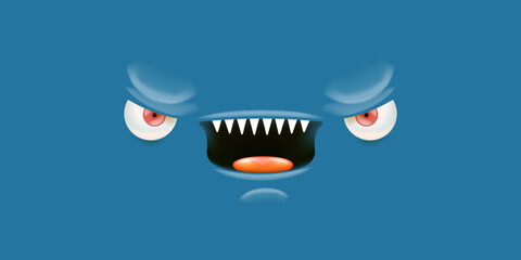 Vector angry blue monster face with open mouth with fangs and evil eyes isolated on blue horizontal background. Halloween cute and angry monster design template for poster, banner and tee print