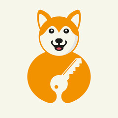 Husky Key Logo Negative Space Concept Vector Template. Husky Holding Key Symbol