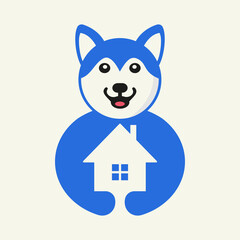 Husky Real Estate Logo Negative Space Concept Vector Template. Husky Holding Home Symbol