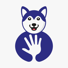 Husky Hand Logo Negative Space Concept Vector Template. Husky Holding Hand Symbol