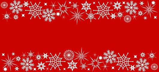 White snowflakes top and bottom on a red background. Concept of christmas, new year