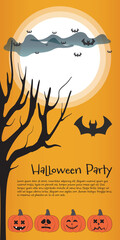 Happy Halloween party posters in paper cut style with night clouds, trees and pumpkins. Vector illustration. Full moon, witch's cauldron and flying bat. Place for text. Brochure background