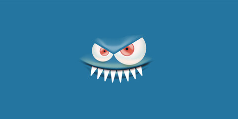 Vector angry blue monster face with open mouth with fangs and evil eyes isolated on blue horizontal background. Halloween cute and angry monster design template for poster, banner and tee print