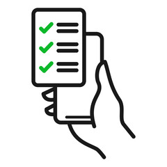 Checklist on smartphone screen icon. Hand holds mobile phone and check list, illustration