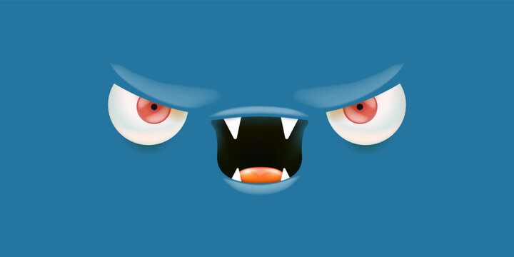 Vector angry blue monster face with open mouth with fangs and evil eyes isolated on blue horizontal background. Halloween cute and angry monster design template for poster, banner and tee print