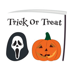 Scary lantern halloween pumpkin inside candlelight, hat with smiley face. Trick or treat icons symbol. Silhouettes flat design, vector illustration