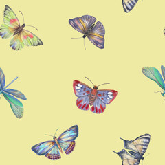 Fototapeta na wymiar Seamless abstract pattern of butterflies and dragonflies. Botanical ornament for design, wallpaper, print, wrapping paper, scrapbooking.