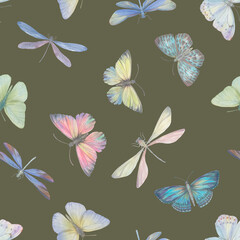 Seamless abstract pattern of butterflies and dragonflies. Botanical ornament for design, wallpaper, print, wrapping paper, scrapbooking.