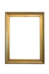 Vintage frame for photos or paintings with gilding on wood with uneven lighting. Isolated on a white background. Rectangular vertical. Blank for the designer.