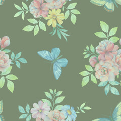 Butterflies and flowers, seamless botanical pattern. Abstract background of flowers and butterflies for wallpaper, print, wrapping paper.