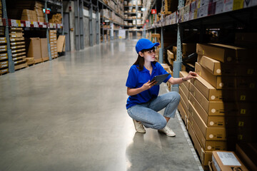 Female worker uses digital tablet to check goods on shelves to manage goods. logistics business export import logistics. Female worker in warehouse.
