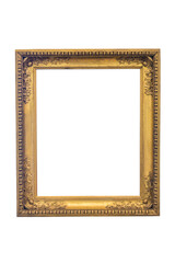 Vintage frame for photos or paintings with gilding on wood with carved ornaments in the form of leaves. Isolated on a white background. Rectangular vertical. Blank for the designer.