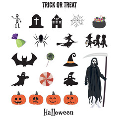 Halloween trick or treat. Skeleton, tombstone, scary house, spider vaccine, candy bowl jar candies spider flying witch silhouette of kids in costume collecting candy, bat candy stick hat ghosts grim r