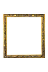 Vintage frame for photos or paintings in gold color with carved ornament. Isolated on a white background. Rectangular vertical. Blank for the designer.