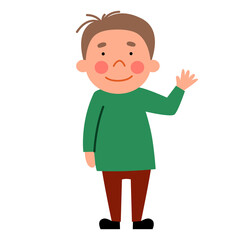 The child stands up to his full height and waves his hand. A friendly greeting from a boy. Vector illustration in a flat style on an isolated white background.