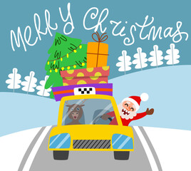 Merry Christmas greeting card. A yellow Christmas taxi with a tree and gifts is driving down the road. Front view. Vector illustration in a flat style.
