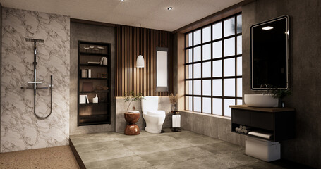 The Bath and toilet on bathroom japanese wabi sabi style .3D rendering