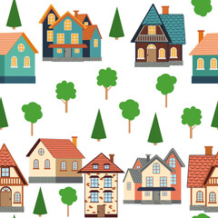 Street with cute houses seamless pattern. Village or city, neat cozy home