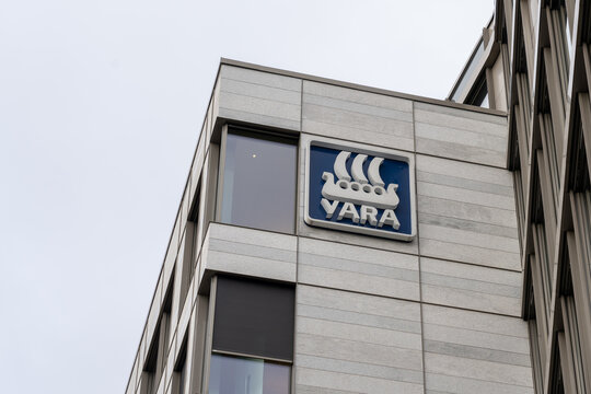 Oslo, Norway - October 14, 2022: Yara company logo on its headquarters building in Oslo, Norway.  Yara International ASA is a Norwegian chemical company. 