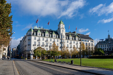 Oslo, Norway - October 15, 2022: Grand Hotel in downtown Oslo, Norway. 
The hotel is best known as the annual venue of the winner of the Nobel Peace Prize.
 - obrazy, fototapety, plakaty