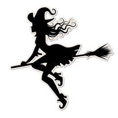Fototapeta premium Halloween sticker with a black witch on a broomstick. Vector, flat style