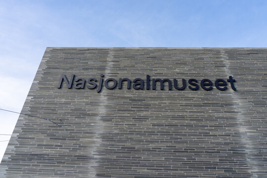 
Oslo, Norway - October 15, 2022: National Museum sign on the building in Oslo, Norway. The National Museum of Art in Norway (National Museum) is a Norwegian state-owned museum in Oslo.
