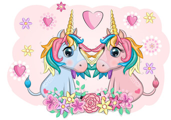 Boy and girl, pink and blue unicorns with heart, Valentine's day greeting card
