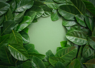 top view flat lay tropical botanical background fresh green leaves plant circle center frame copy space.ecology concept wallpaper,health or natural organic product backdrop,nature leaf foliage design.