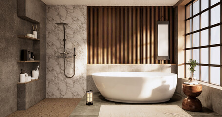 The Bath and toilet on bathroom japanese wabi sabi style .3D rendering - obrazy, fototapety, plakaty