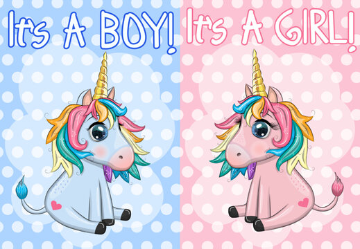 Boy and girl. Pink and blue unicorn. Children's invitation card. Holiday newborn, pregnancy.