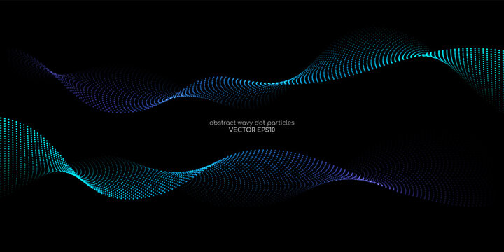 Flowing particles wave pattern, blue and green color isolated on black background with space for text banner. Vector in concept of technology, science, music.