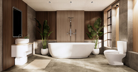 The Bath and toilet on bathroom japanese wabi sabi style .3D rendering