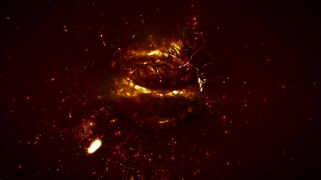 Energetic rotating fusion plasma fire cell loop background. Abstract 3D animation of energy radiation, heat transfer and dissipation in radioactive nuclear fire. Spooky mystical magic nano molecule.