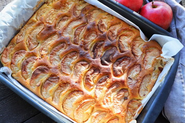 Clasic apple cake, selective focus. Homemade pie on rustic wooden background