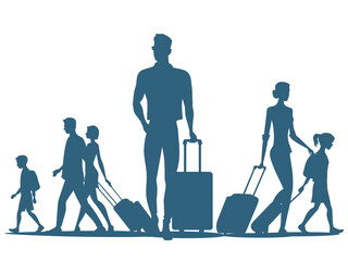 Traveling people carrying their luggage vector silhouettes.