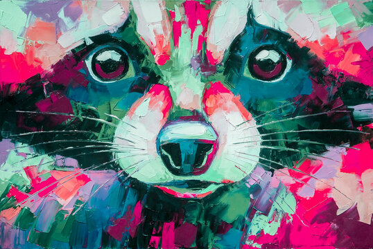Oil raccoon portrait painting in multicolored tones. Conceptual abstract painting of a raccoon. Closeup of a painting by oil and palette knife canvas. © Mari Dein