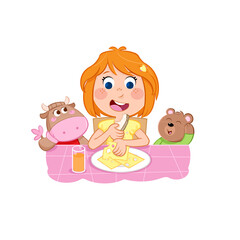 Kida and daily routine - Cute little girl with ginger hair and breakfast time - Isolated illustration - png file
