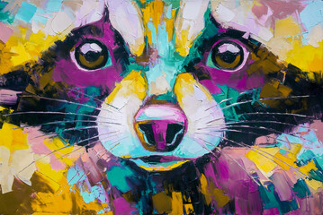 Oil raccoon portrait painting in multicolored tones. Conceptual abstract painting of a raccoon. Closeup of a painting by oil and palette knife canvas.