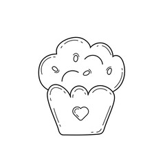 Cupcake icon in doodle style. Sketch of cupcake with berry for print, web, mobile and infographics isolated. Cute cupcake with cream. Muffin with a heart in a linear style. Vector illustration