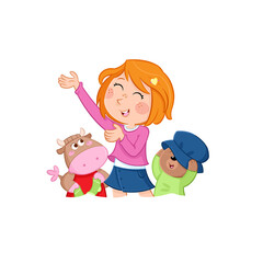 Obraz na płótnie Canvas Kids and daily routine - Little girl dressing up and her toy friends - Illustration - png file