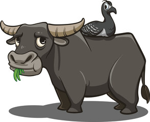 cartoon illustration design of buffalo eating grass with birds