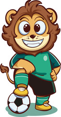 lion cartoon illustration design stepping on the ball as a football player