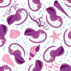 Obraz premium Batomorphi sea life, fish, animals bright seamless pattern. sea travel, snorkeling with animals, tropical fish