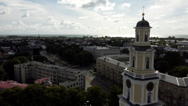 Aerial fly down of Cathedral in Liepaja city, Latvia