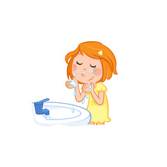 Daily routine of a little girl with ginger hair - Washing face - Hygiene_Isolated illustration